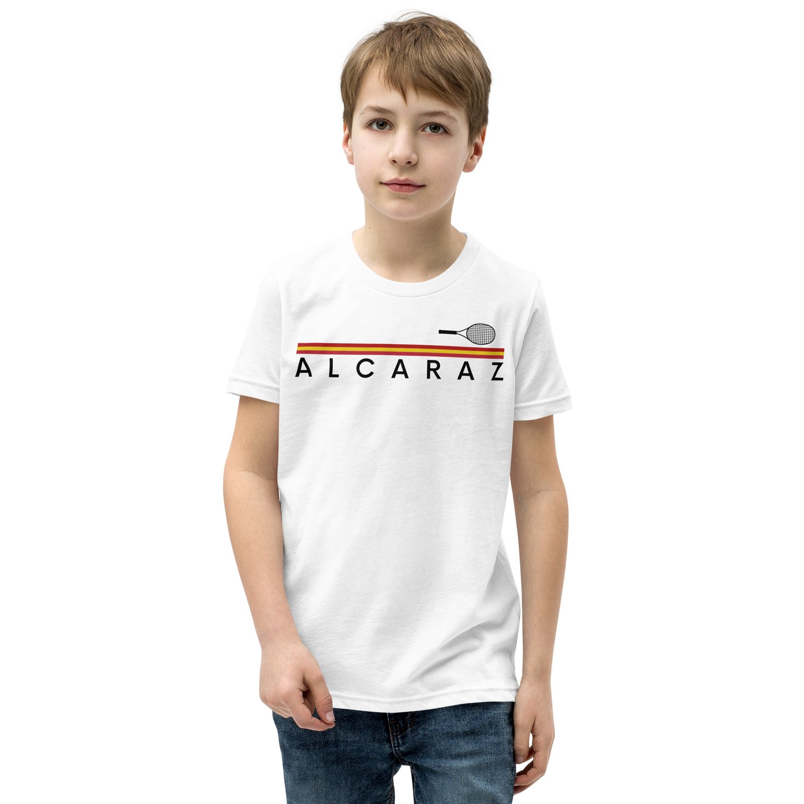 youth-staple-tee-white-front-69a5582e9d43a.jpg T-Shirt Tennis enfant | Carlos – Image 1